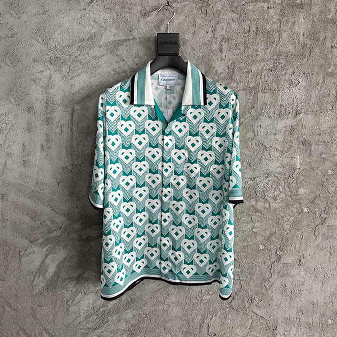 casablanca green heart print silk short sleeve shirt